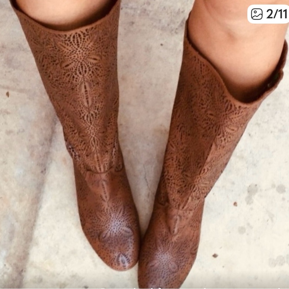 Sundance Laser cut Leather Cognac Brown slouchy Boots